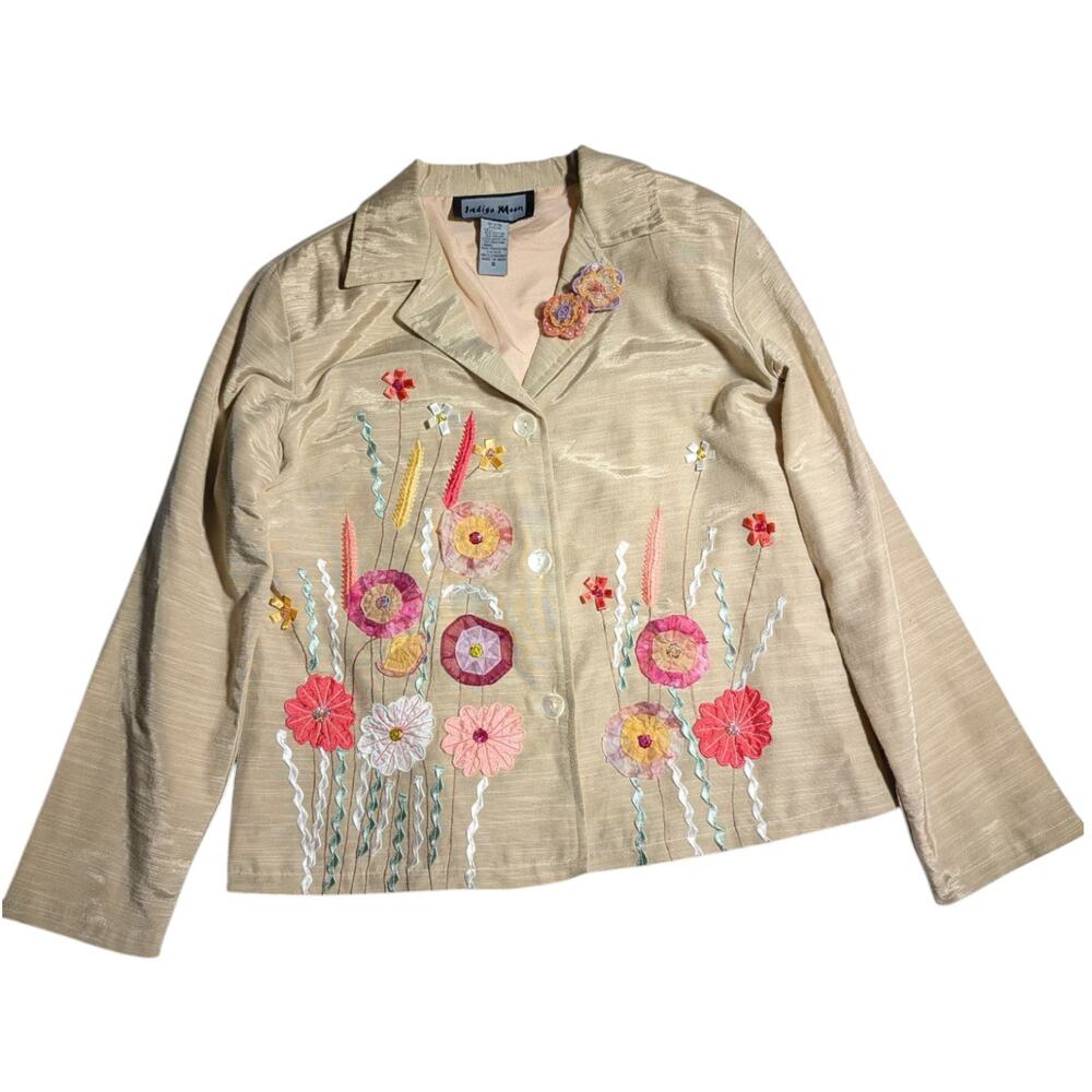 Vtg Y2K Indigo Moon Beige Floral Embroidered Embellished Blazer Jacket Sz S
